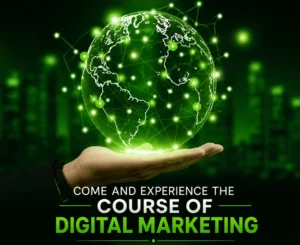 Digital marketing course cost promotional banner with glowing green and black design, global network graphics, and online marketing training concept for affordable digital marketing course cost in Kerala.