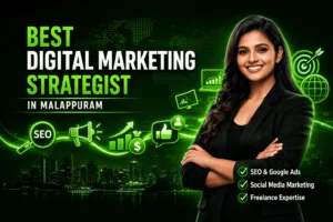 best digital marketing strategist in Malappuram showcasing SEO, social media marketing, Google Ads, and freelance expertise with modern green digital marketing graphics background