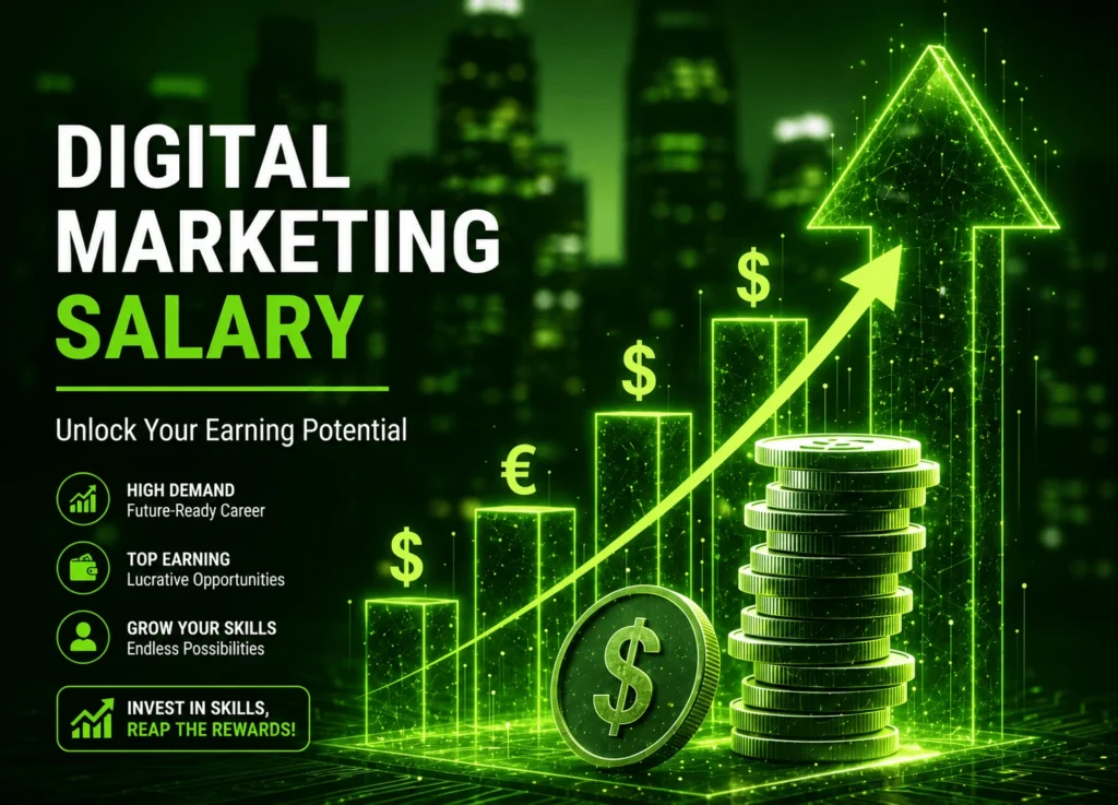 digital marketing salary in Kerala growth chart with green financial analytics, rising income graph, and career opportunities in digital marketing industry