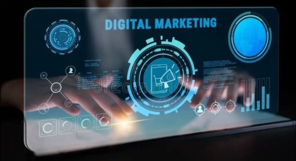 Best digital marketer in Malappuram concept image showing digital marketing strategy, target audience, analytics dashboard, and online business growth solutions