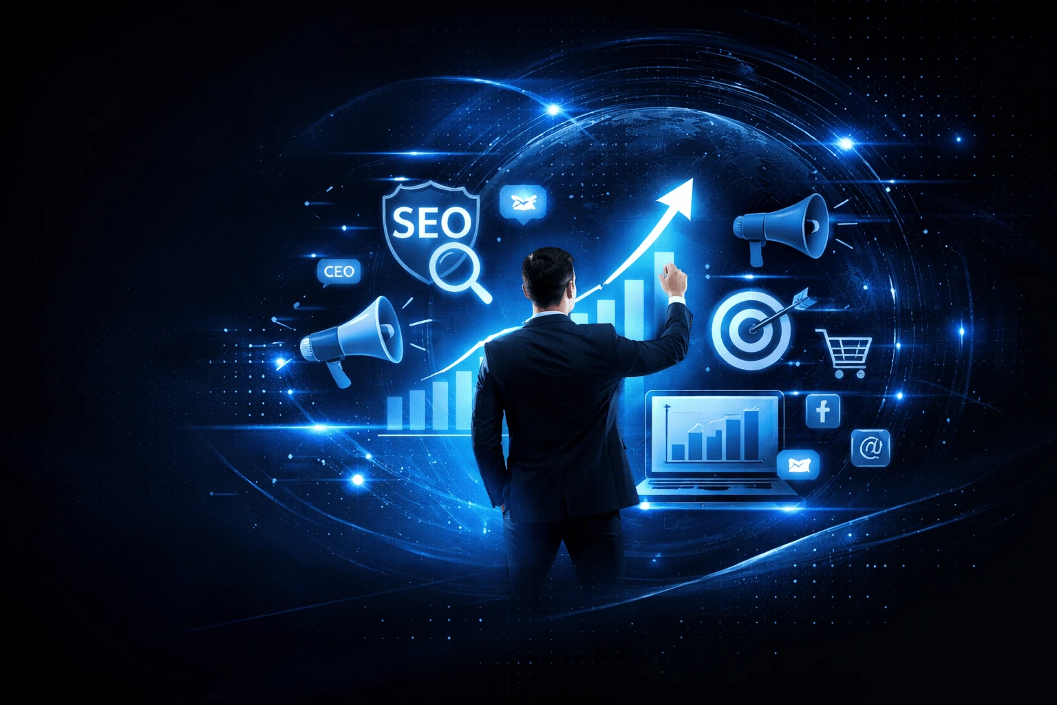 Best digital marketer in Malappuram image showing professional executing SEO strategy, analytics growth chart, social media marketing, and online business performance optimization