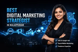 Best digital marketing strategist in Malappuram professional banner showing confident female marketer with SEO, social media marketing, and Google Ads services in a modern digital business background