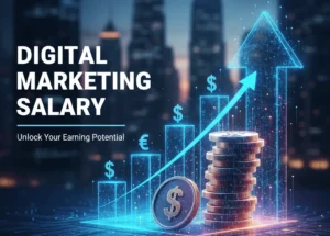 Digital marketing salary in Kerala concept image showing rising income graph, coins, and financial growth representing career earning potential in digital marketing Kerala