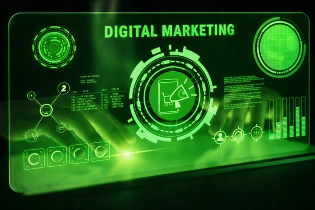 best digital marketer in Malappuram using advanced digital marketing analytics dashboard with green futuristic interface and data visualization tools